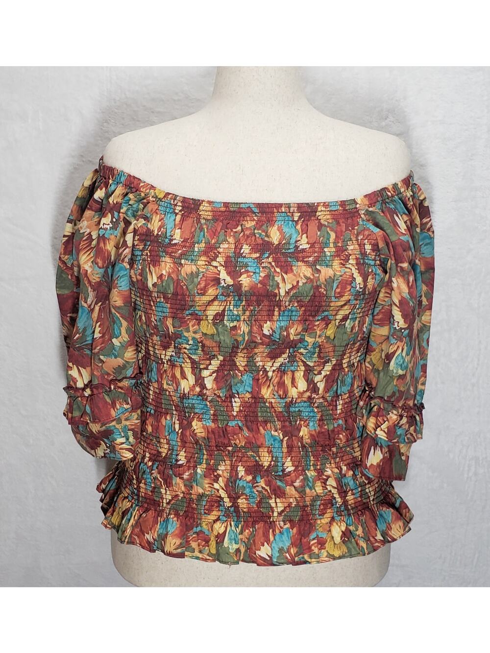 Cato Plus 18/20W Floral Milkmaid Top Smocked Square Neck Ruffle Sleeve Boho